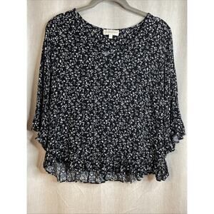 Cynthia Rowley Floral Blouse Women’s V Neck 3/4 Sleeves - Sz Small Black & White